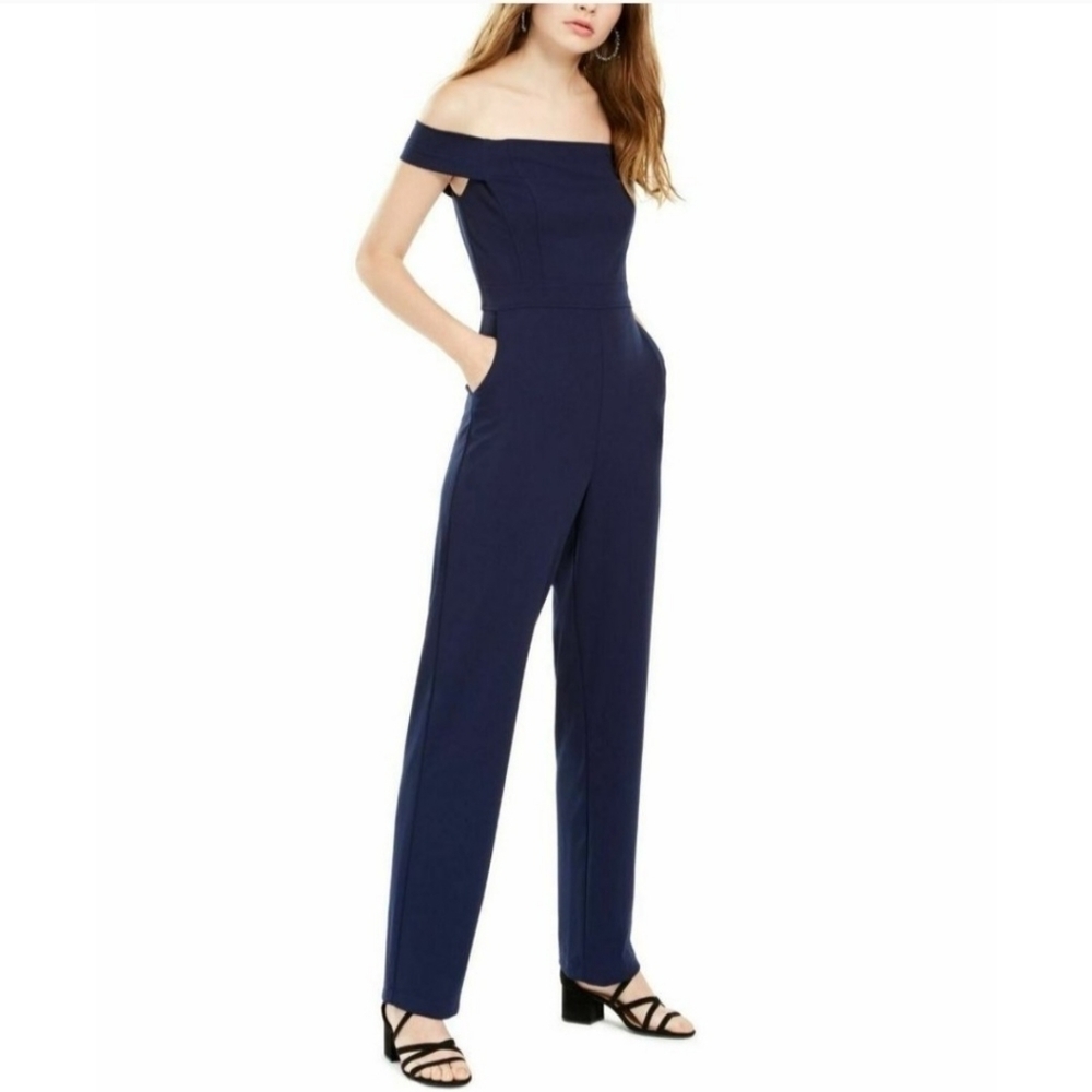 Teeze Me Navy Blue Off The Shoulder Jumpsuit With Pockets Size 3/4